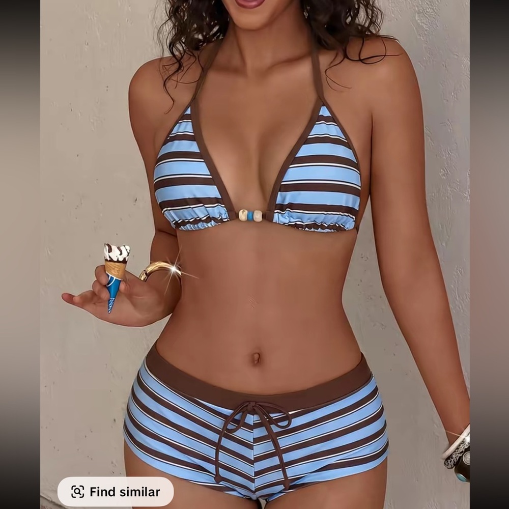 Striped Blue and Brown Bikini Set retro